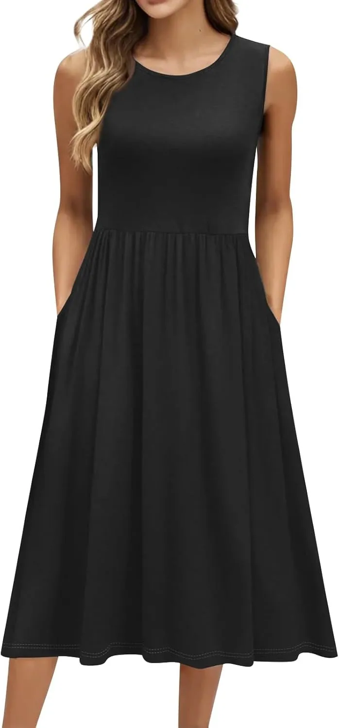 NBXNZWF Summer Dresses for Women 2025 Casual Loose Sleeveless Sundresses Beach A-Line Tank T-Shirt Midi Dress with Pockets