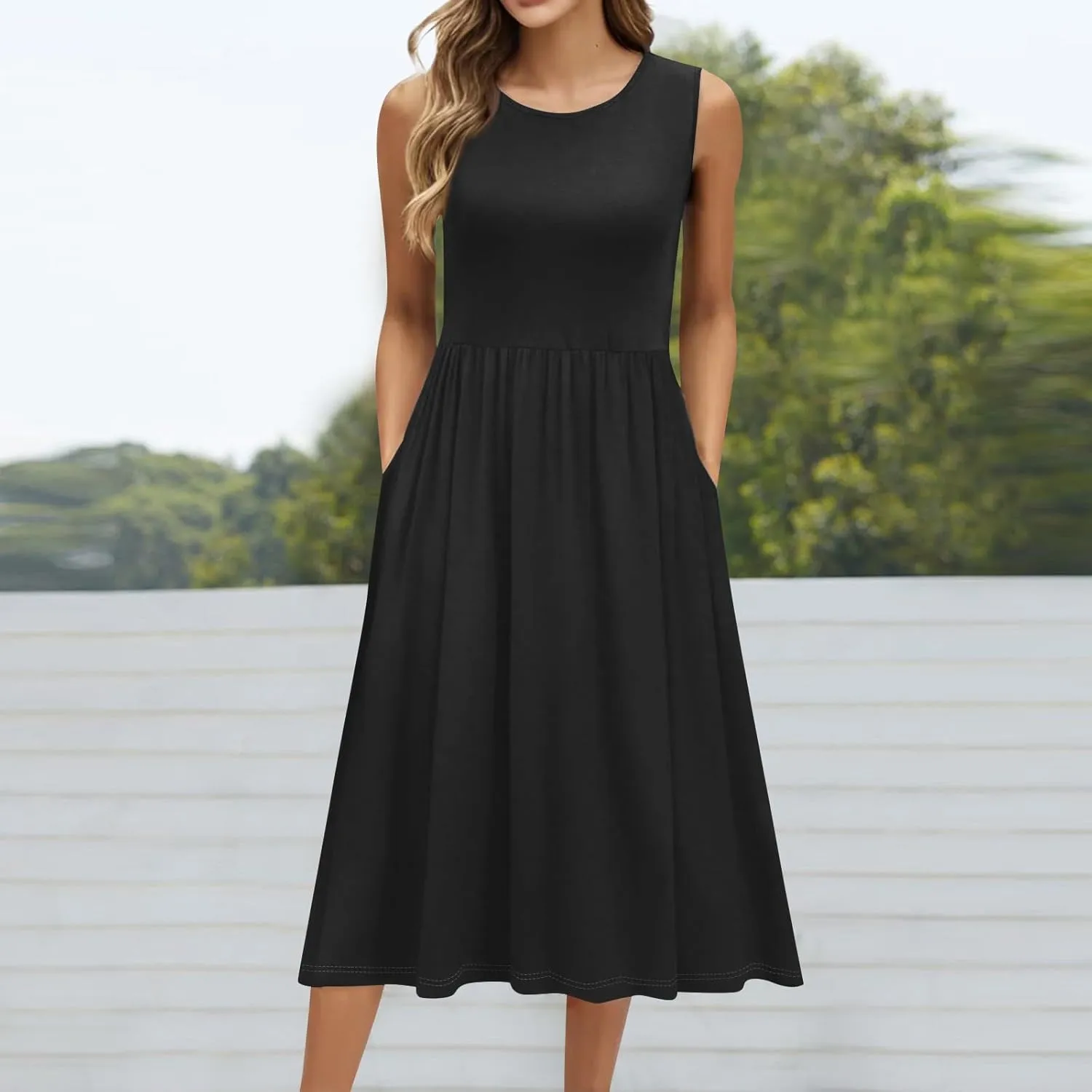 NBXNZWF Summer Dresses for Women 2025 Casual Loose Sleeveless Sundresses Beach A-Line Tank T-Shirt Midi Dress with Pockets