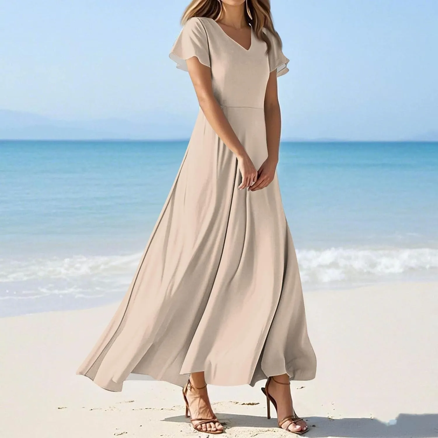 NBXNZWF Summer Dresses for Women 2025 Ruffle Short Sleeve V Neck Maxi Dress Flowy Beach Vacation Casual Dresses