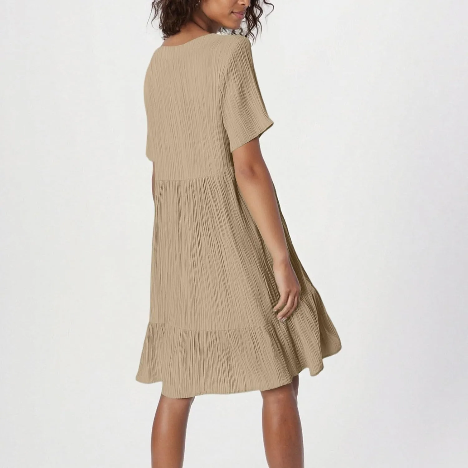 NBXNZWF Summer Dresses for Women 2025 Short Sleeve V Neck Ruffle Flowy Mini Dress Pleated Beach Vacation T Shirt Sundress