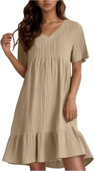 NBXNZWF Summer Dresses for Women 2025 Short Sleeve V Neck Ruffle Flowy Mini Dress Pleated Beach Vacation T Shirt Sundress