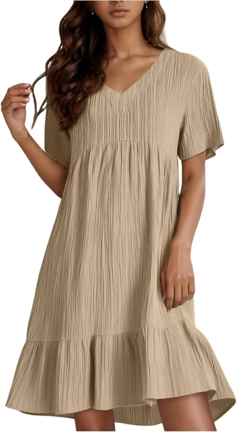 NBXNZWF Summer Dresses for Women 2025 Short Sleeve V Neck Ruffle Flowy Mini Dress Pleated Beach Vacation T Shirt Sundress