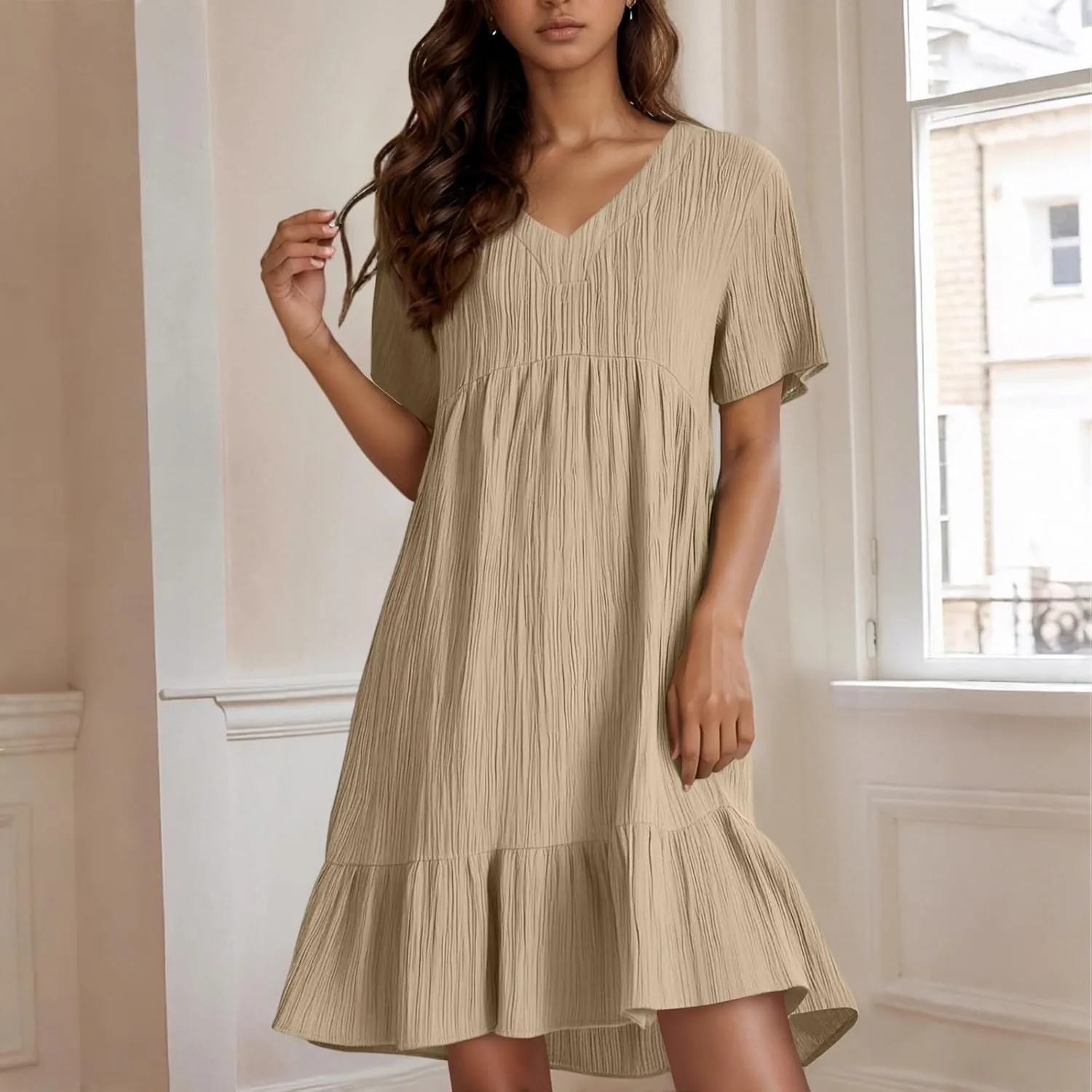 NBXNZWF Summer Dresses for Women 2025 Short Sleeve V Neck Ruffle Flowy Mini Dress Pleated Beach Vacation T Shirt Sundress