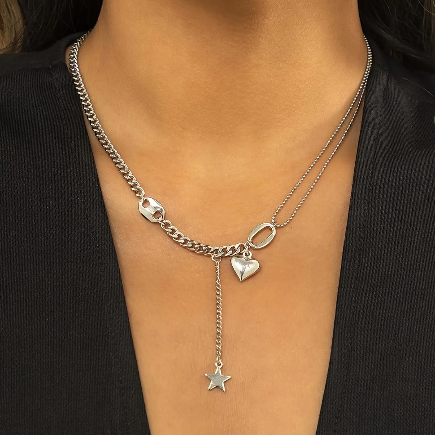 Necklaces for Women Fashion Jewelry, Layering Necklaces for Women Heart Star Asymmetrical Pendant Chain Necklaces Jewelry Gifts for Birthday Wedding, 1 Piece