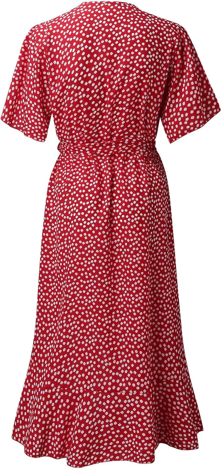 Ollysqiar Dresses Women's 2023 Floral Summer Dress Wrap V Neck Short Sleeve Belted Ruffle Hem A-Line Bohemian Dresses A02 4
