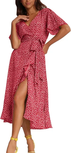 Ollysqiar Dresses Women's 2023 Floral Summer Dress Wrap V Neck Short Sleeve Belted Ruffle Hem A-Line Bohemian Dresses A02 4