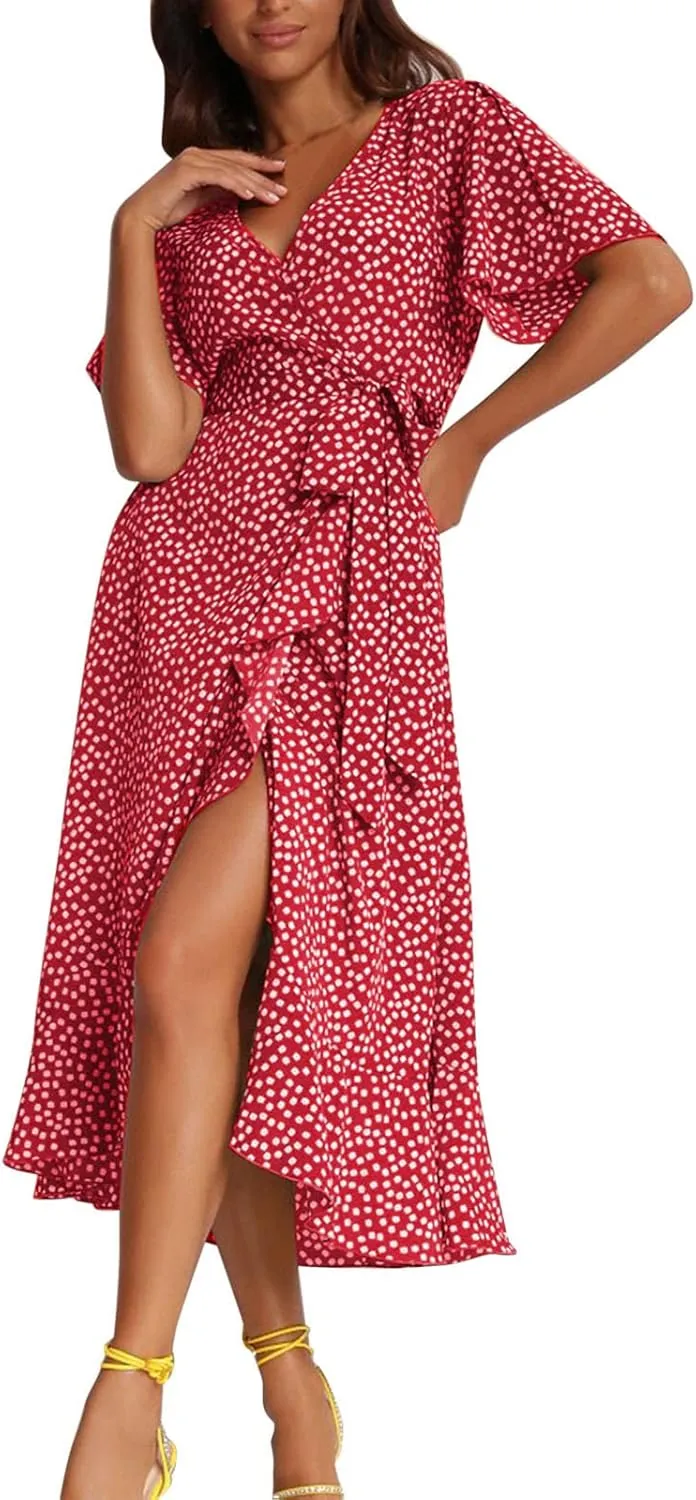 Ollysqiar Dresses Women's 2023 Floral Summer Dress Wrap V Neck Short Sleeve Belted Ruffle Hem A-Line Bohemian Dresses A02 4