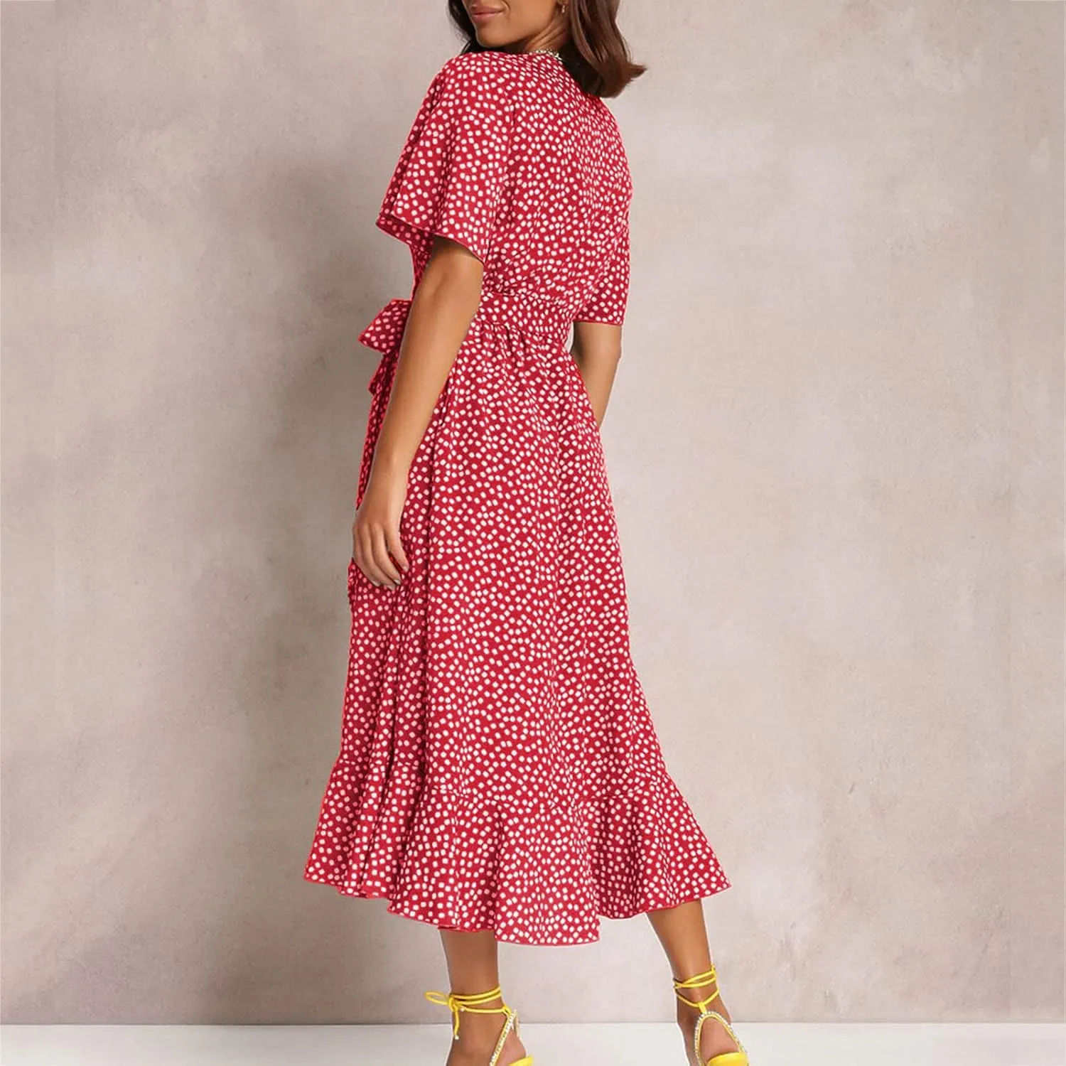 Ollysqiar Dresses Women's 2023 Floral Summer Dress Wrap V Neck Short Sleeve Belted Ruffle Hem A-Line Bohemian Dresses A02 4