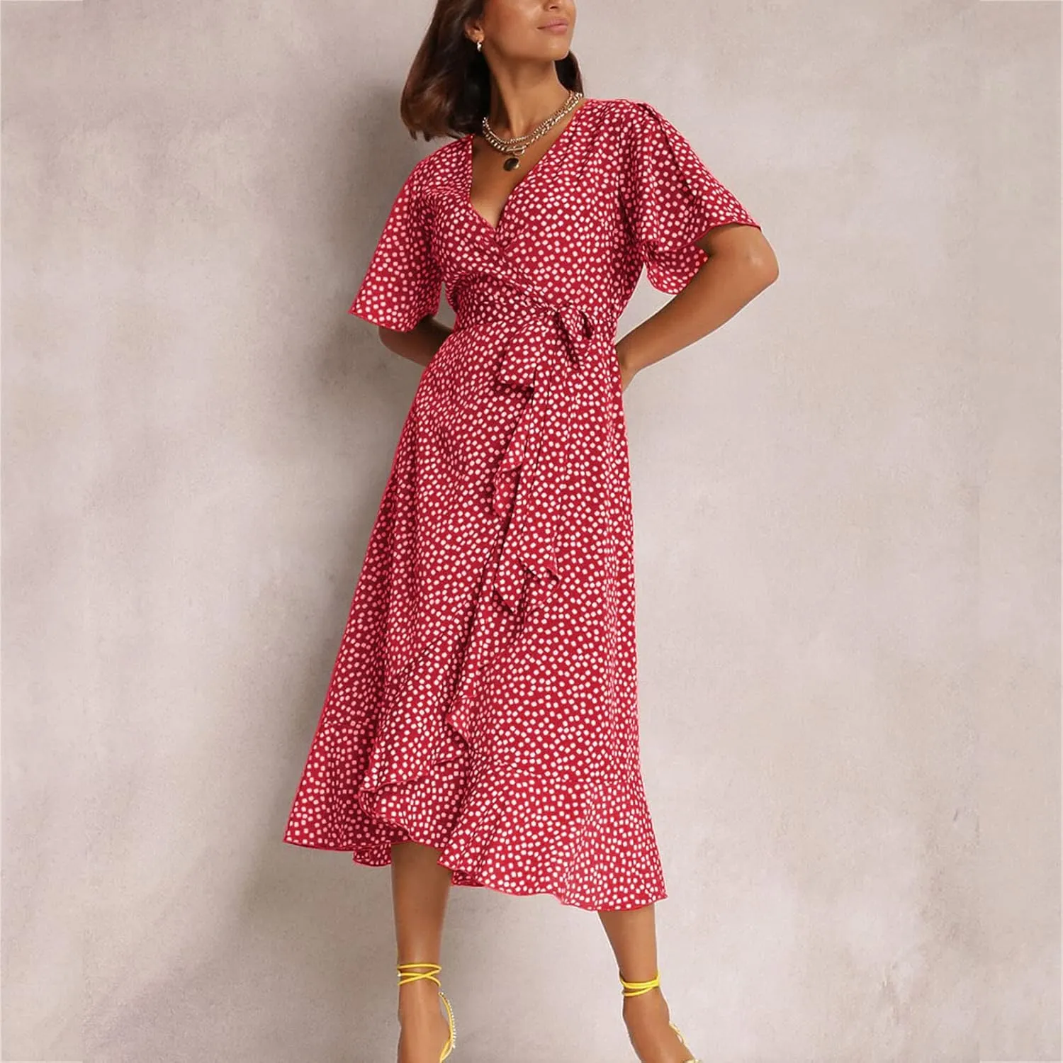 Ollysqiar Dresses Women's 2023 Floral Summer Dress Wrap V Neck Short Sleeve Belted Ruffle Hem A-Line Bohemian Dresses A02 4