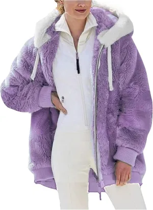 Oversized Fuzzy Fleece Jackets For Women Fashion 2023 Color Block Faux Fur Cardigan Coat Shaggy Warm Winter Outerwear