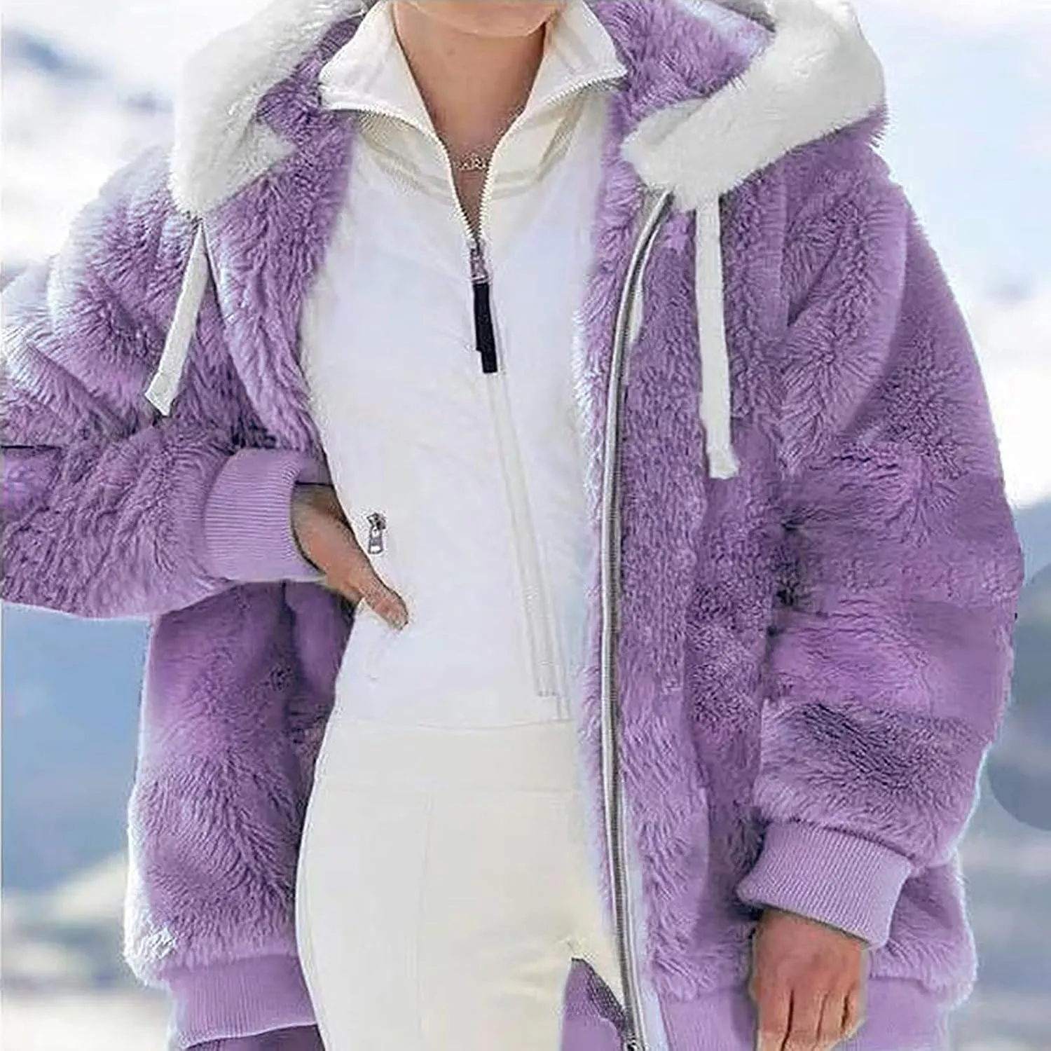 Oversized Fuzzy Fleece Jackets For Women Fashion 2023 Color Block Faux Fur Cardigan Coat Shaggy Warm Winter Outerwear
