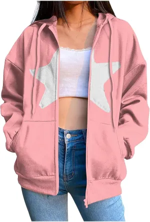 Oversized Sweatshirt For Women Long Sleeve Fashion Graphic Design Hoodies Casual Zip Up Fleece Sweatshirts