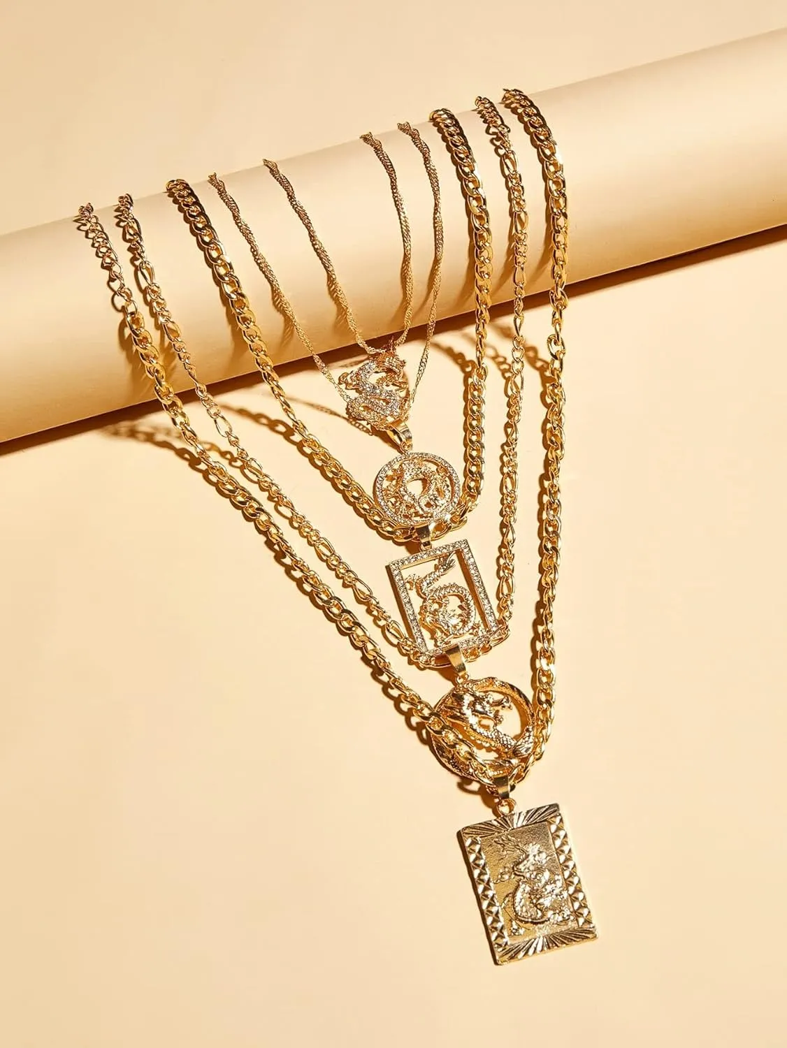 OYOANGLE Women's 5 Piece Gold Layered Necklaces Chunky Chain Pendant Necklaces Jewelry Gifts