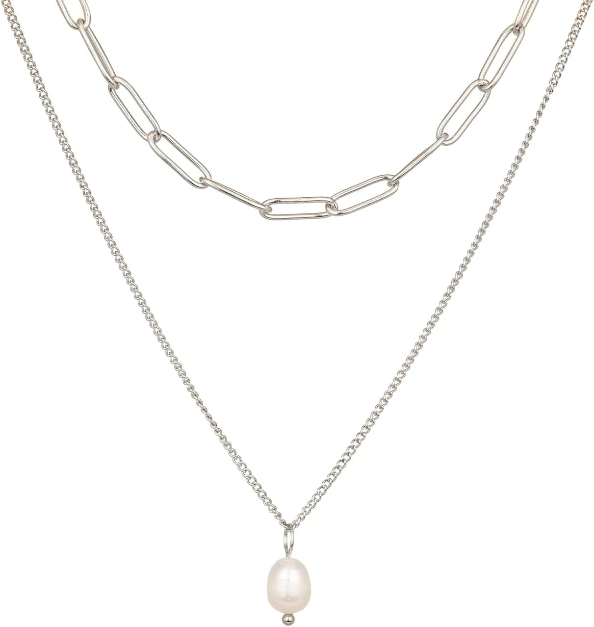Paperclip Chain Choker Necklaces for Women Gold Layered Freshwater Pearl Charm Necklaces Stacks Simple Fashion Necklaces Trendy Gold Pearl Jewelry Sets