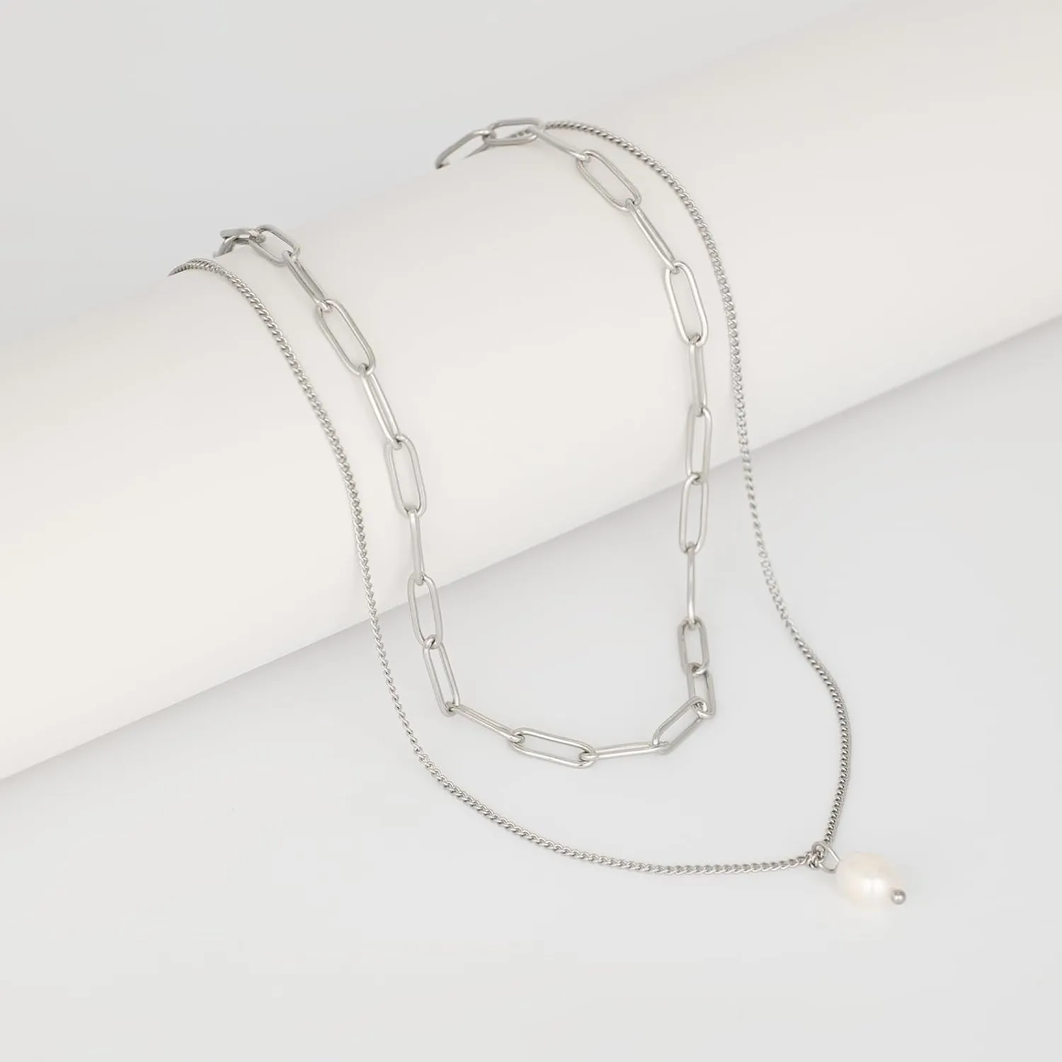 Paperclip Chain Choker Necklaces for Women Gold Layered Freshwater Pearl Charm Necklaces Stacks Simple Fashion Necklaces Trendy Gold Pearl Jewelry Sets