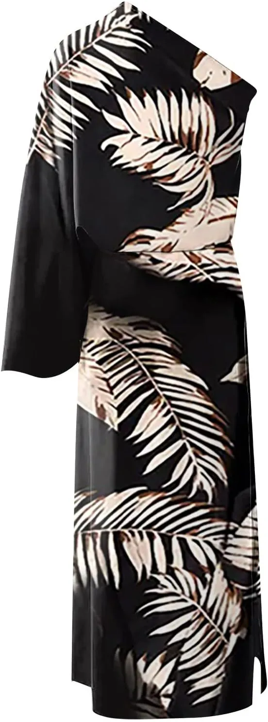 PETYCZEN One Shoulder Dresses for Women Summer Floral Print Batwing Sleeve Ruched Dress Sexy Side Split Club Cocktail Dresses