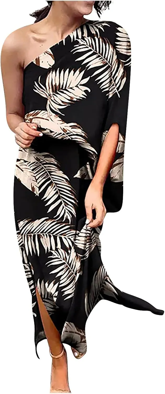 PETYCZEN One Shoulder Dresses for Women Summer Floral Print Batwing Sleeve Ruched Dress Sexy Side Split Club Cocktail Dresses