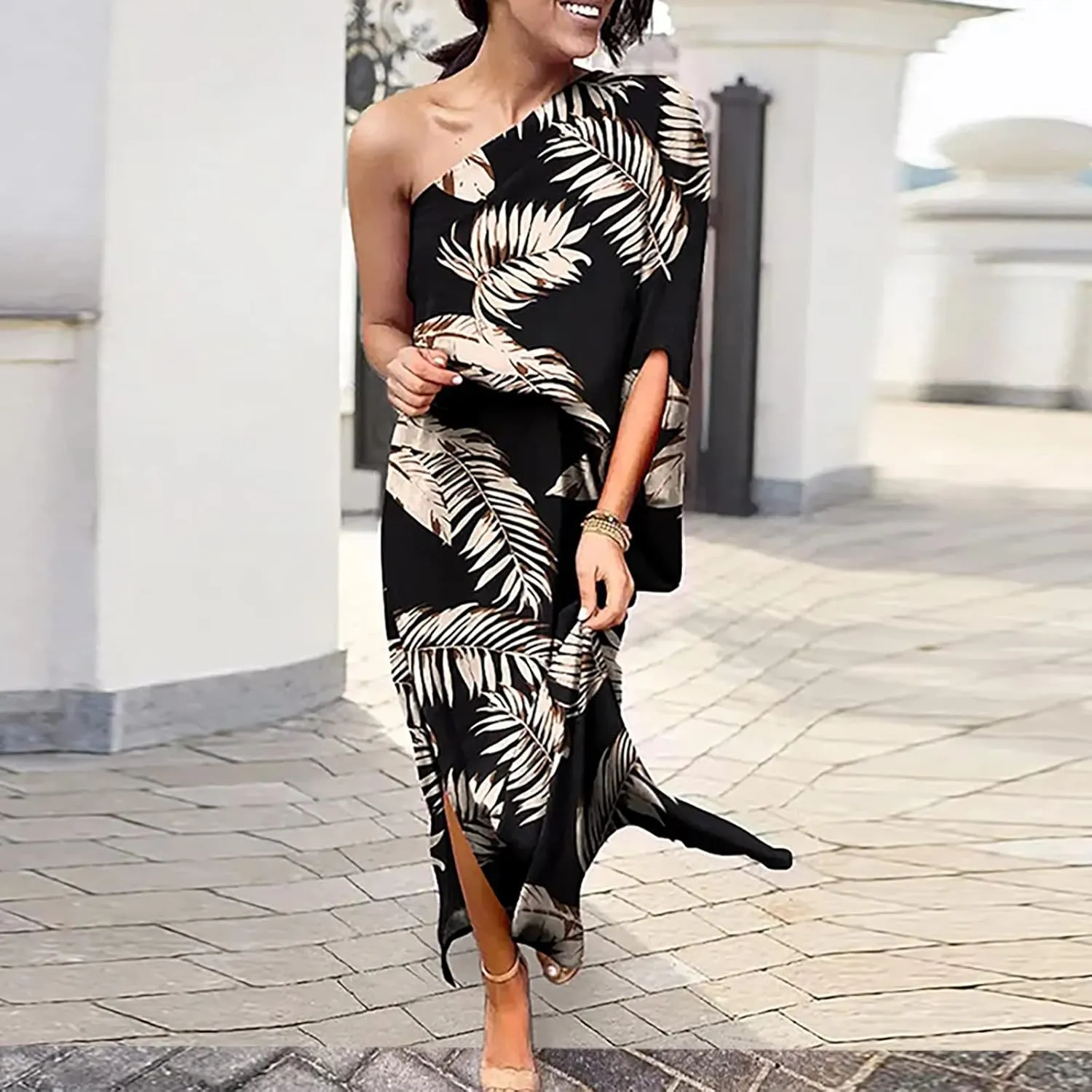 PETYCZEN One Shoulder Dresses for Women Summer Floral Print Batwing Sleeve Ruched Dress Sexy Side Split Club Cocktail Dresses