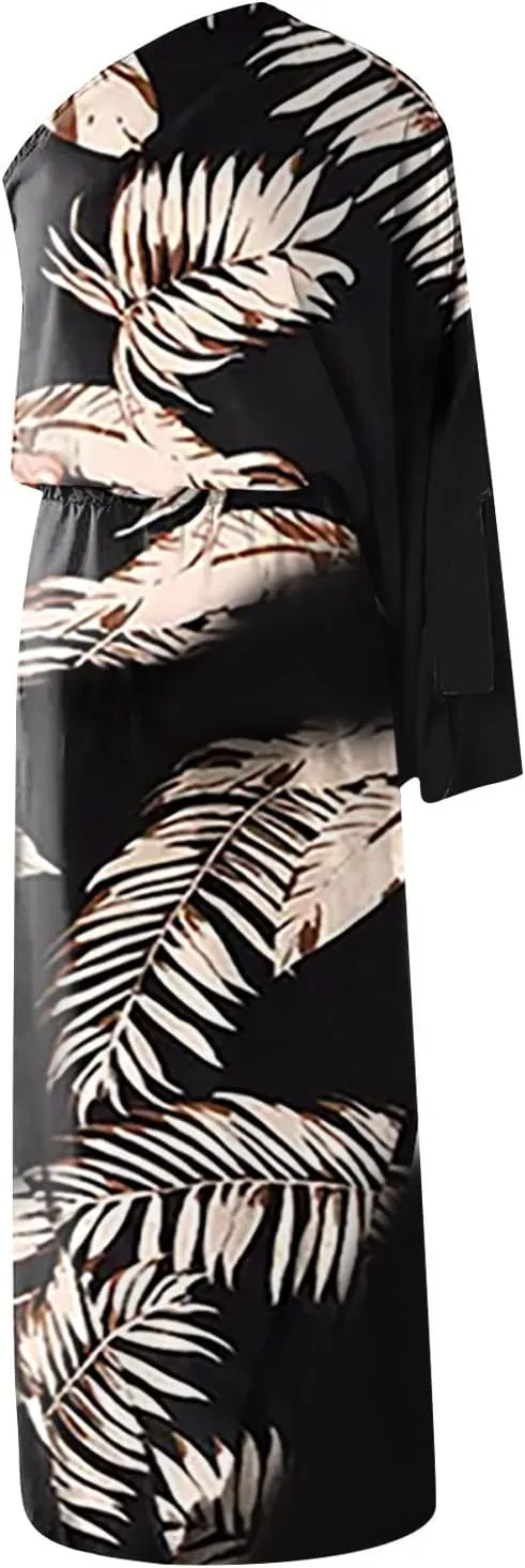 PETYCZEN One Shoulder Dresses for Women Summer Floral Print Batwing Sleeve Ruched Dress Sexy Side Split Club Cocktail Dresses