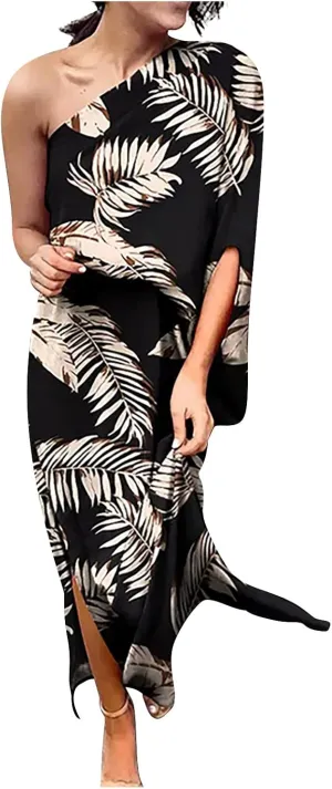 PETYCZEN One Shoulder Dresses for Women Summer Floral Print Batwing Sleeve Ruched Dress Sexy Side Split Club Cocktail Dresses