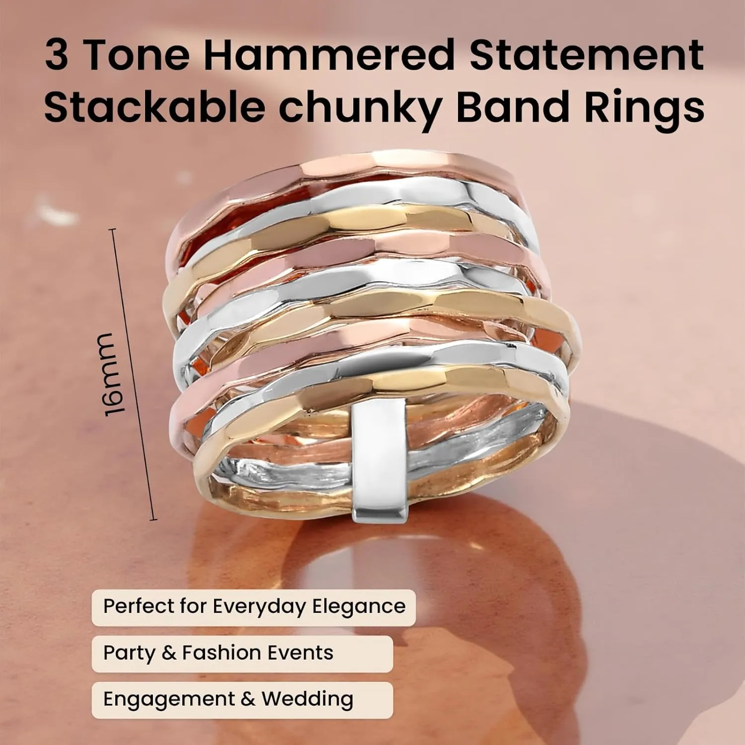 PHNX 3 Tone Hammered Statement Stackable chunky Band Rings For Women SIlver Copper Brass Ring Thin Band for Women, 9 Stacked Rings