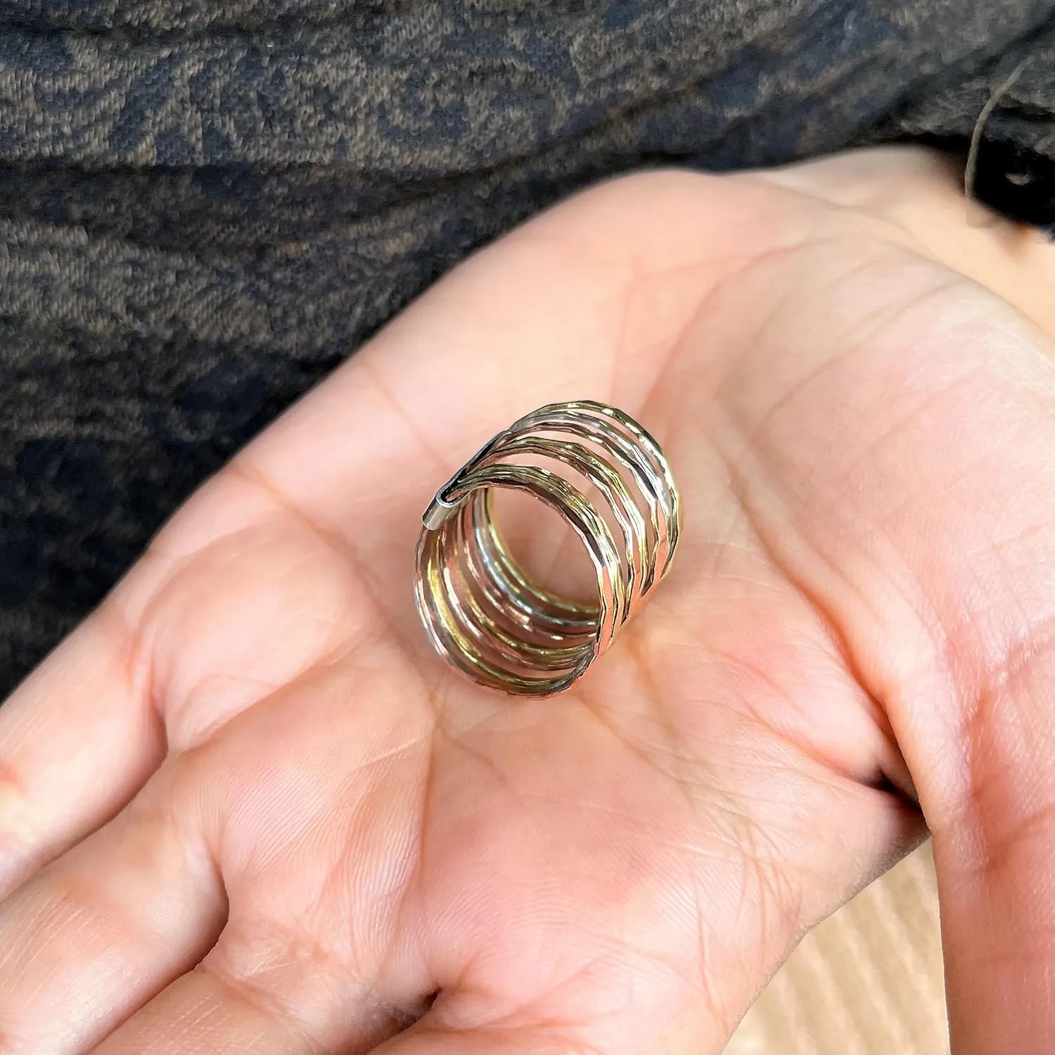 PHNX 3 Tone Hammered Statement Stackable chunky Band Rings For Women SIlver Copper Brass Ring Thin Band for Women, 9 Stacked Rings