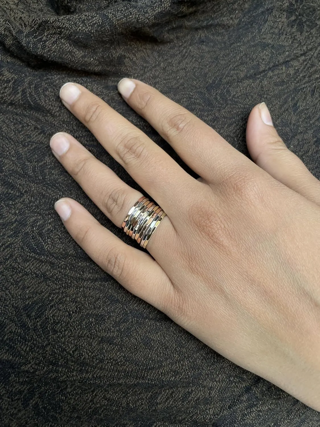 PHNX 3 Tone Hammered Statement Stackable chunky Band Rings For Women SIlver Copper Brass Ring Thin Band for Women, 9 Stacked Rings