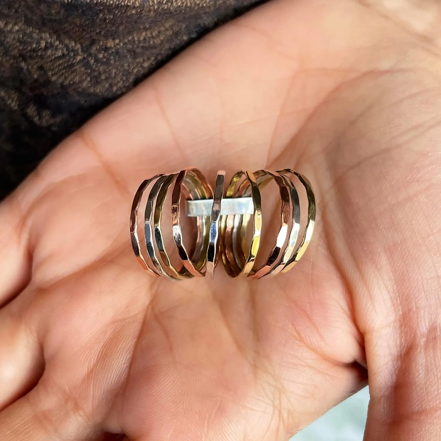 PHNX 3 Tone Hammered Statement Stackable chunky Band Rings For Women SIlver Copper Brass Ring Thin Band for Women, 9 Stacked Rings