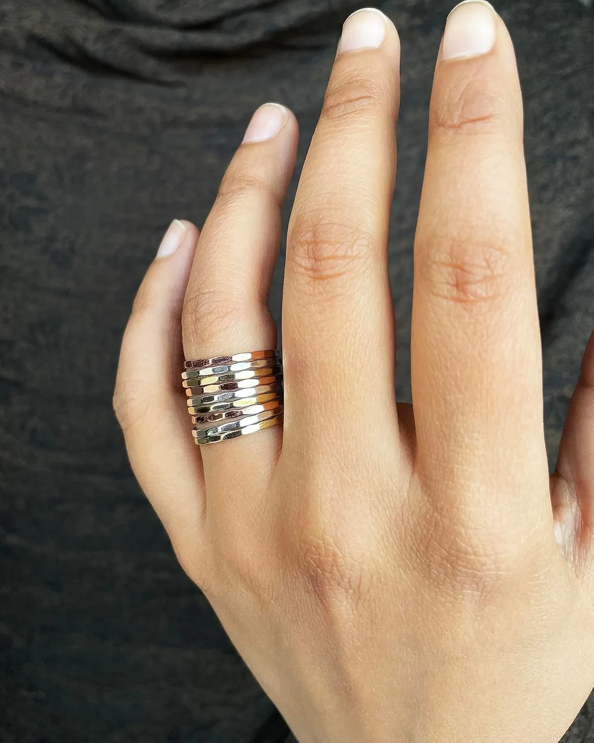 PHNX 3 Tone Hammered Statement Stackable chunky Band Rings For Women SIlver Copper Brass Ring Thin Band for Women, 9 Stacked Rings