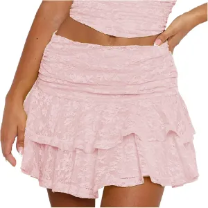Pleated Mini Skirt for Women Summer Vacation Double Lace Ruffles Mid Elastic Waist Boha Beach Lace Sheer Mini Skirt