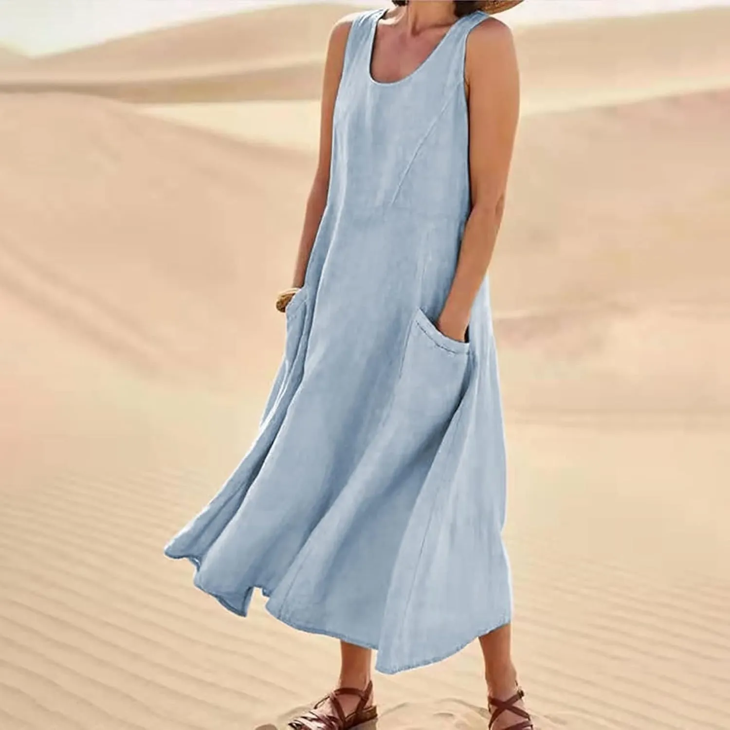 Plus Size Cotton Linen Maxi Summer Dresses for Curvy Women 2025 Sleeveless Vacation Beach Sundresses with Pockets