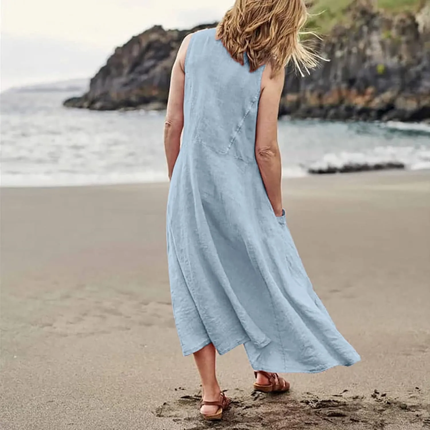 Plus Size Cotton Linen Maxi Summer Dresses for Curvy Women 2025 Sleeveless Vacation Beach Sundresses with Pockets