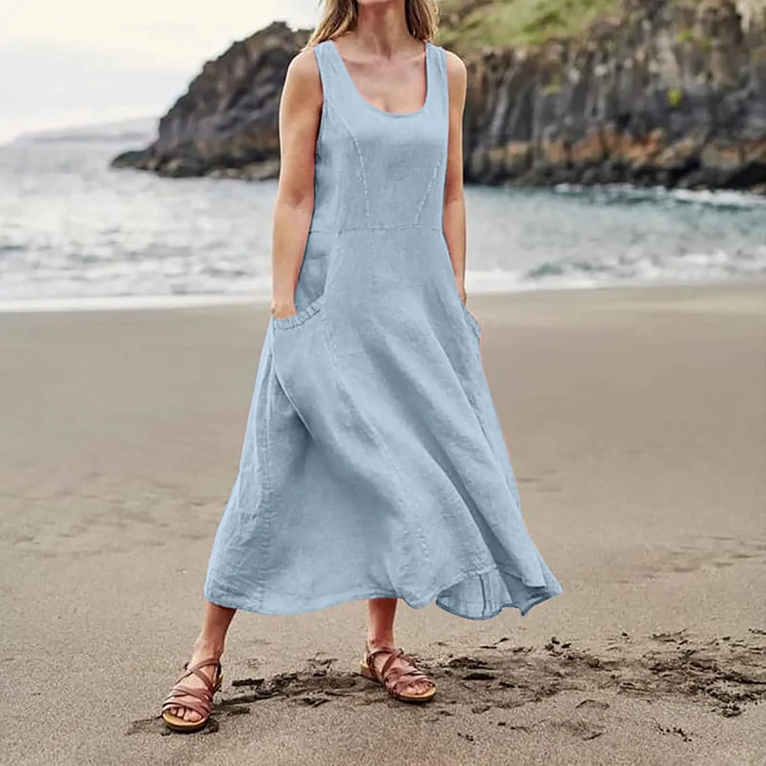 Plus Size Cotton Linen Maxi Summer Dresses for Curvy Women 2025 Sleeveless Vacation Beach Sundresses with Pockets