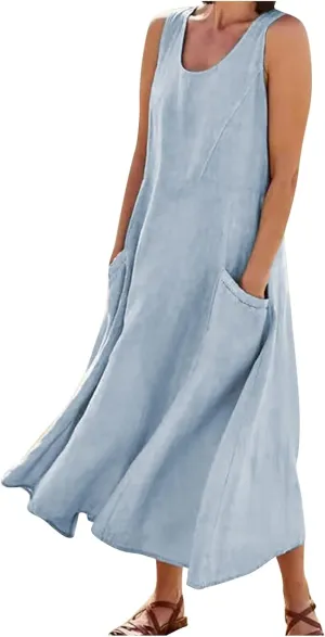 Plus Size Cotton Linen Maxi Summer Dresses for Curvy Women 2025 Sleeveless Vacation Beach Sundresses with Pockets