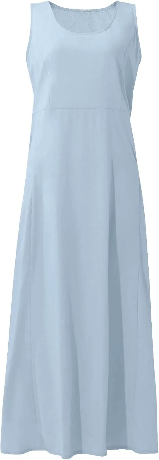 Plus Size Cotton Linen Maxi Summer Dresses for Curvy Women 2025 Sleeveless Vacation Beach Sundresses with Pockets