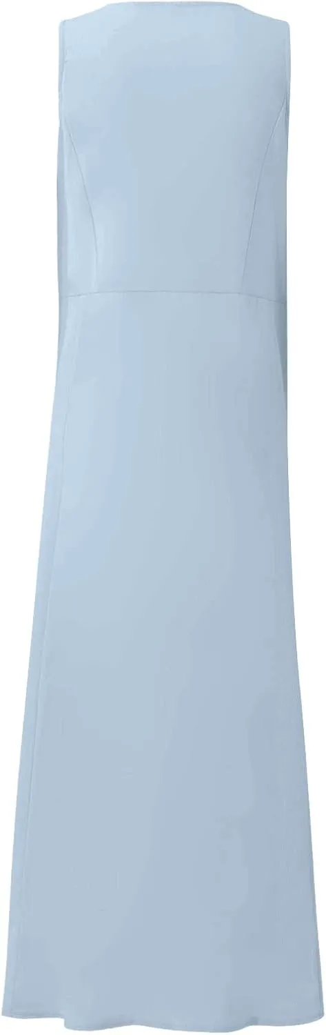 Plus Size Cotton Linen Maxi Summer Dresses for Curvy Women 2025 Sleeveless Vacation Beach Sundresses with Pockets