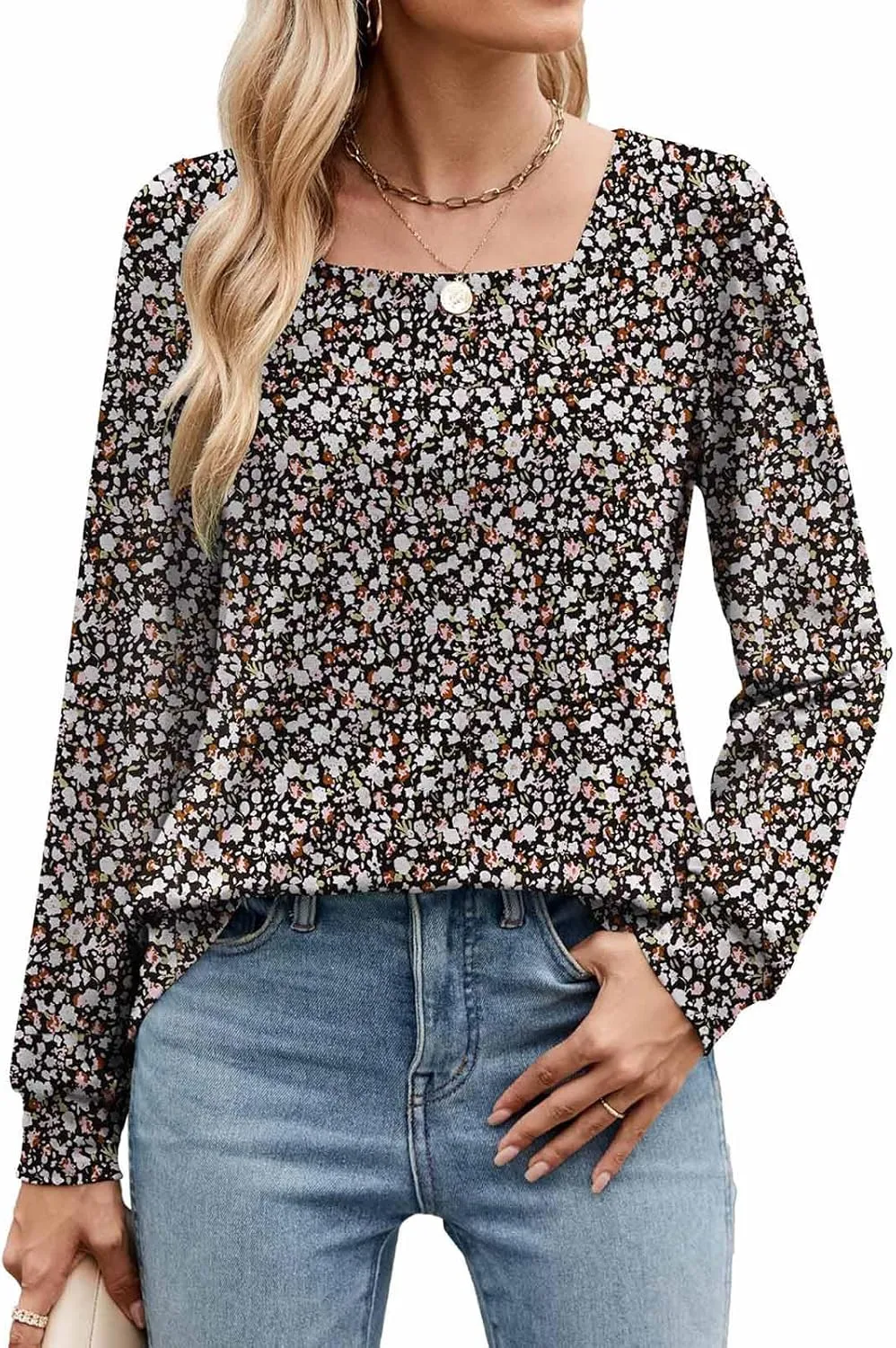 Poetsky Women's Casual Puff Long Sleeve Shirts 2024 Fall Fashion Square Neck Tops Loose Fit Dressy Tunic Blouses