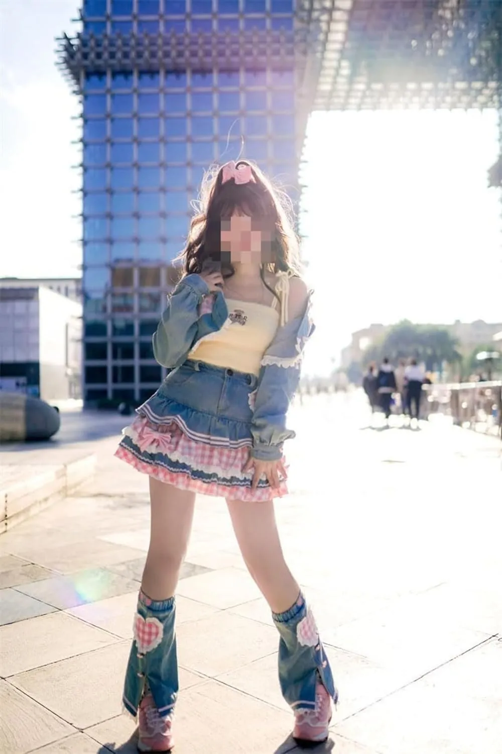 Pokn Jean Mini Skirt Cutecore Preppy Lolita Kawaii Harajuku Y2K Denim Skirt Lace Cake Clothes