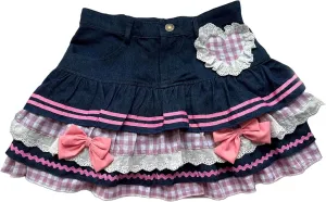 Pokn Jean Mini Skirt Cutecore Preppy Lolita Kawaii Harajuku Y2K Denim Skirt Lace Cake Clothes