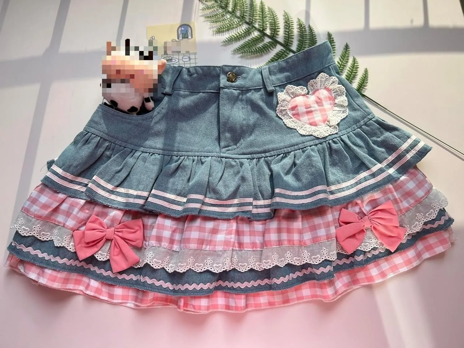 Pokn Jean Mini Skirt Cutecore Preppy Lolita Kawaii Harajuku Y2K Denim Skirt Lace Cake Clothes