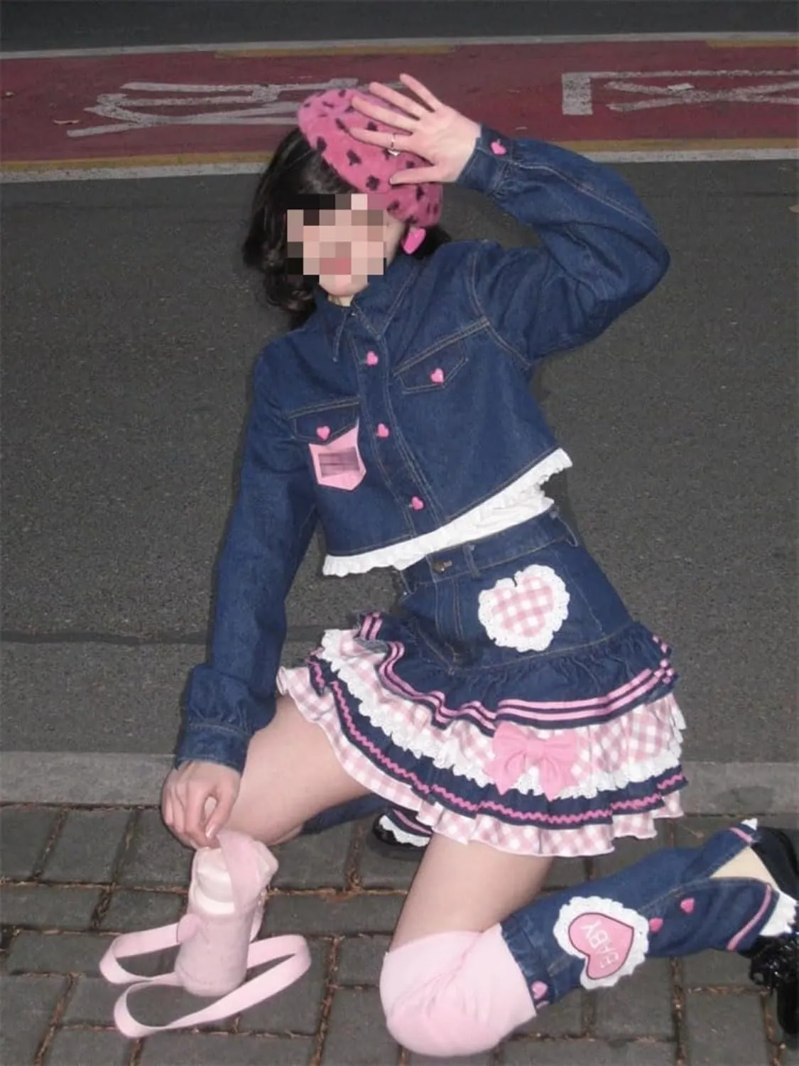 Pokn Jean Mini Skirt Cutecore Preppy Lolita Kawaii Harajuku Y2K Denim Skirt Lace Cake Clothes