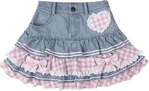 Pokn Jean Mini Skirt Cutecore Preppy Lolita Kawaii Harajuku Y2K Denim Skirt Lace Cake Clothes