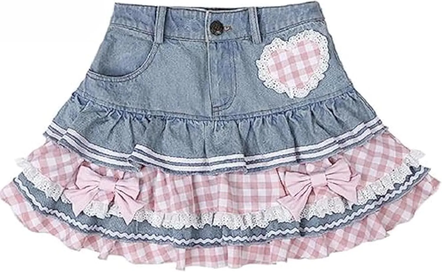 Pokn Jean Mini Skirt Cutecore Preppy Lolita Kawaii Harajuku Y2K Denim Skirt Lace Cake Clothes