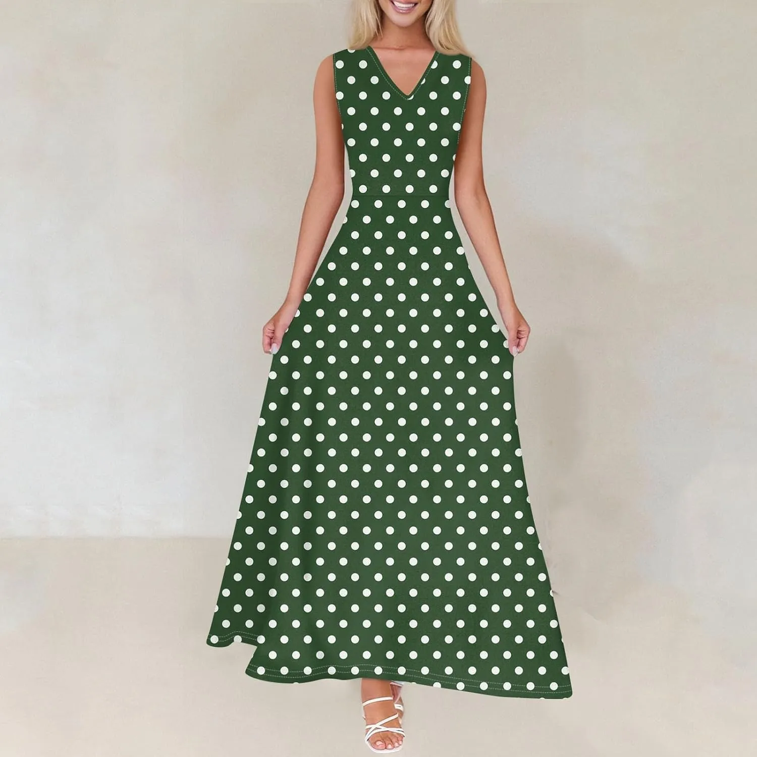 Polka Dot Dress for Women V Neck Sleeveless Aline Flowy Ruffle Long Sun Dress,S-2XL