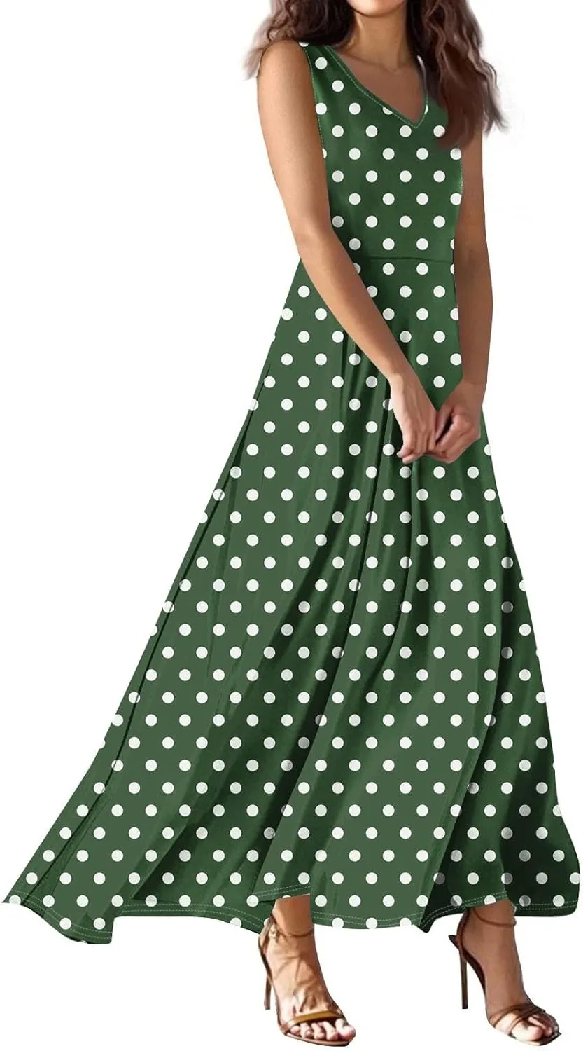Polka Dot Dress for Women V Neck Sleeveless Aline Flowy Ruffle Long Sun Dress,S-2XL