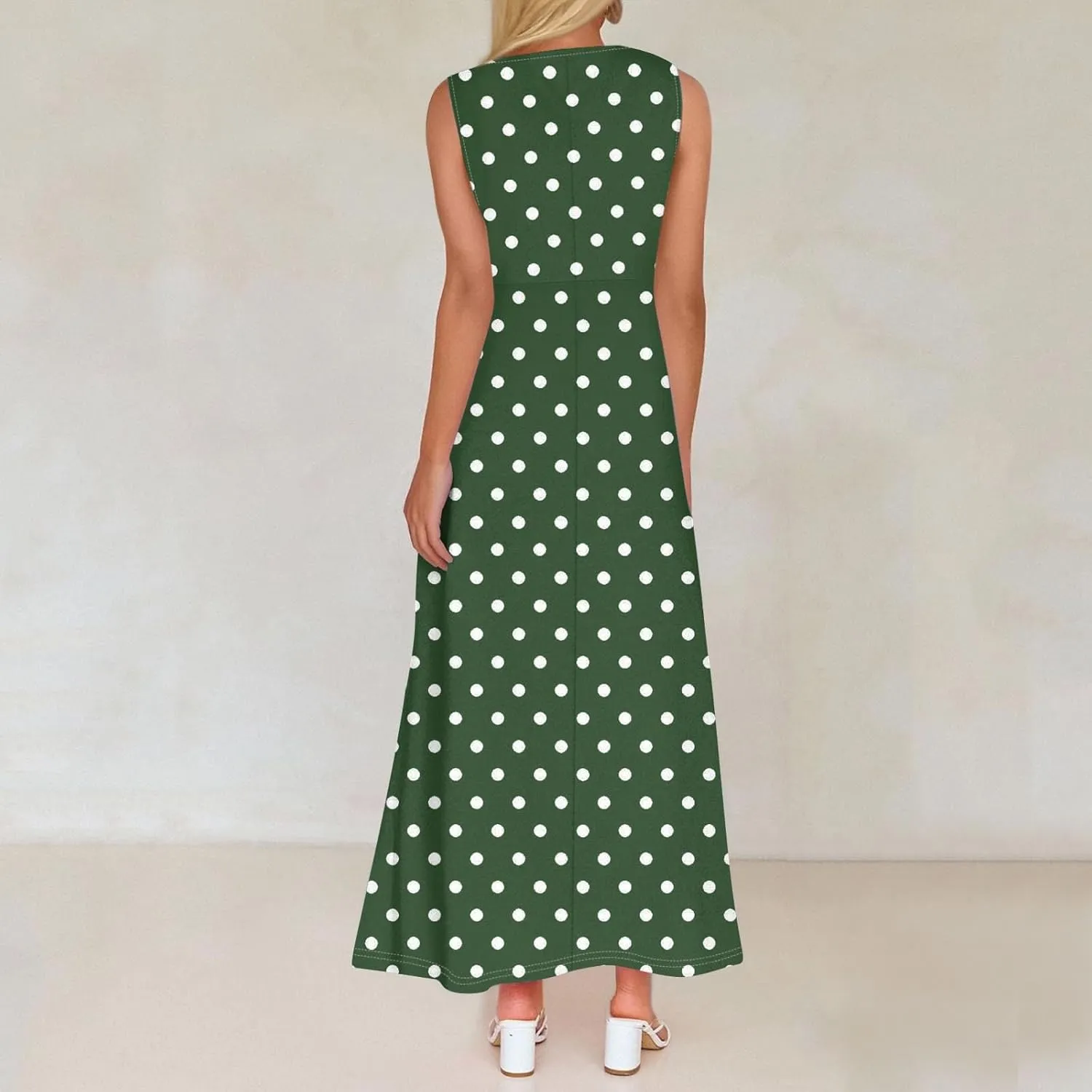 Polka Dot Dress for Women V Neck Sleeveless Aline Flowy Ruffle Long Sun Dress,S-2XL