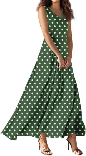 Polka Dot Dress for Women V Neck Sleeveless Aline Flowy Ruffle Long Sun Dress,S-2XL