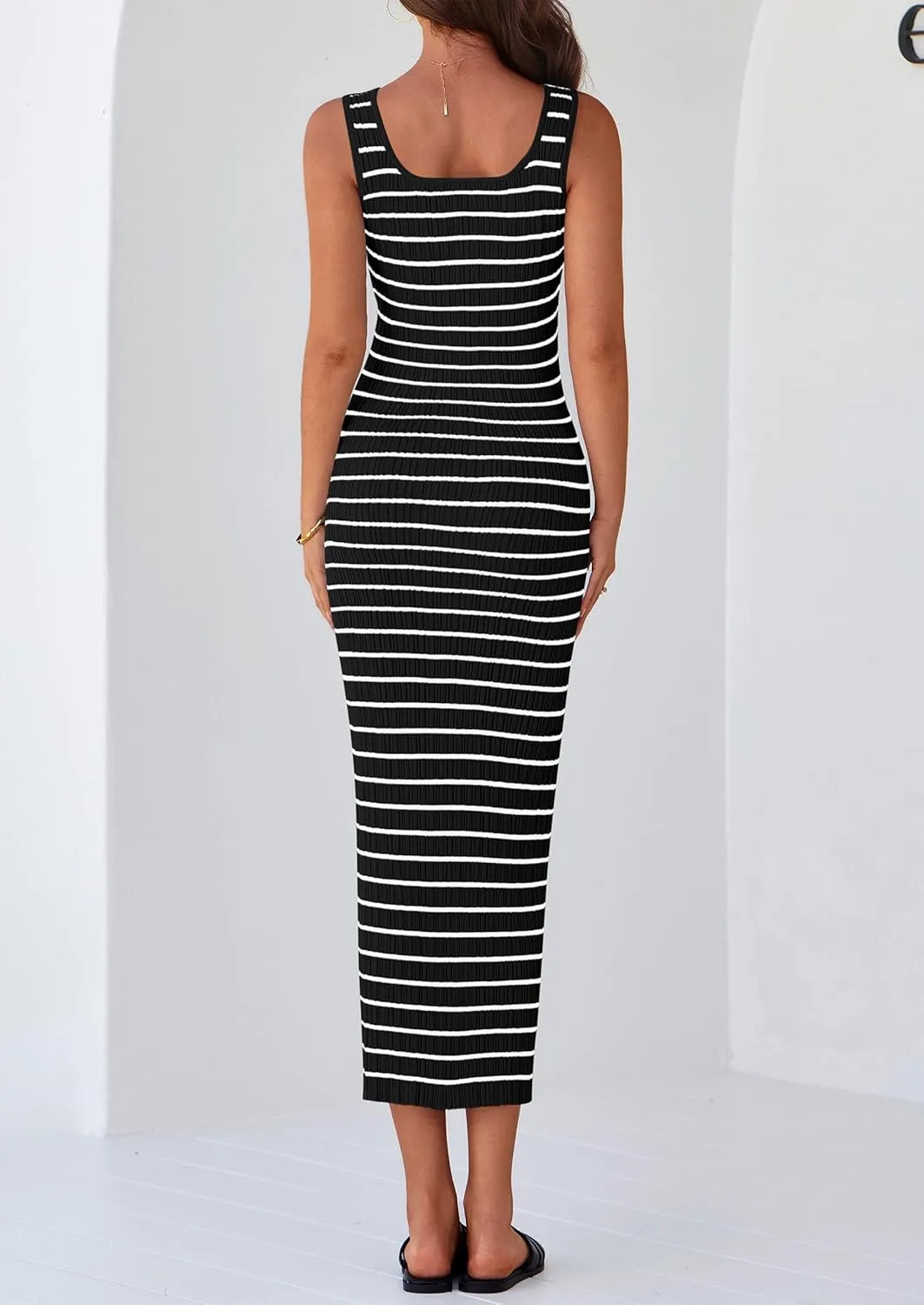 PRETTYGARDEN Beach Vacation Clothes for Women Summer 2025 Sleeveless Striped Ribbed Knit Bodycon Sundress Tank Dress