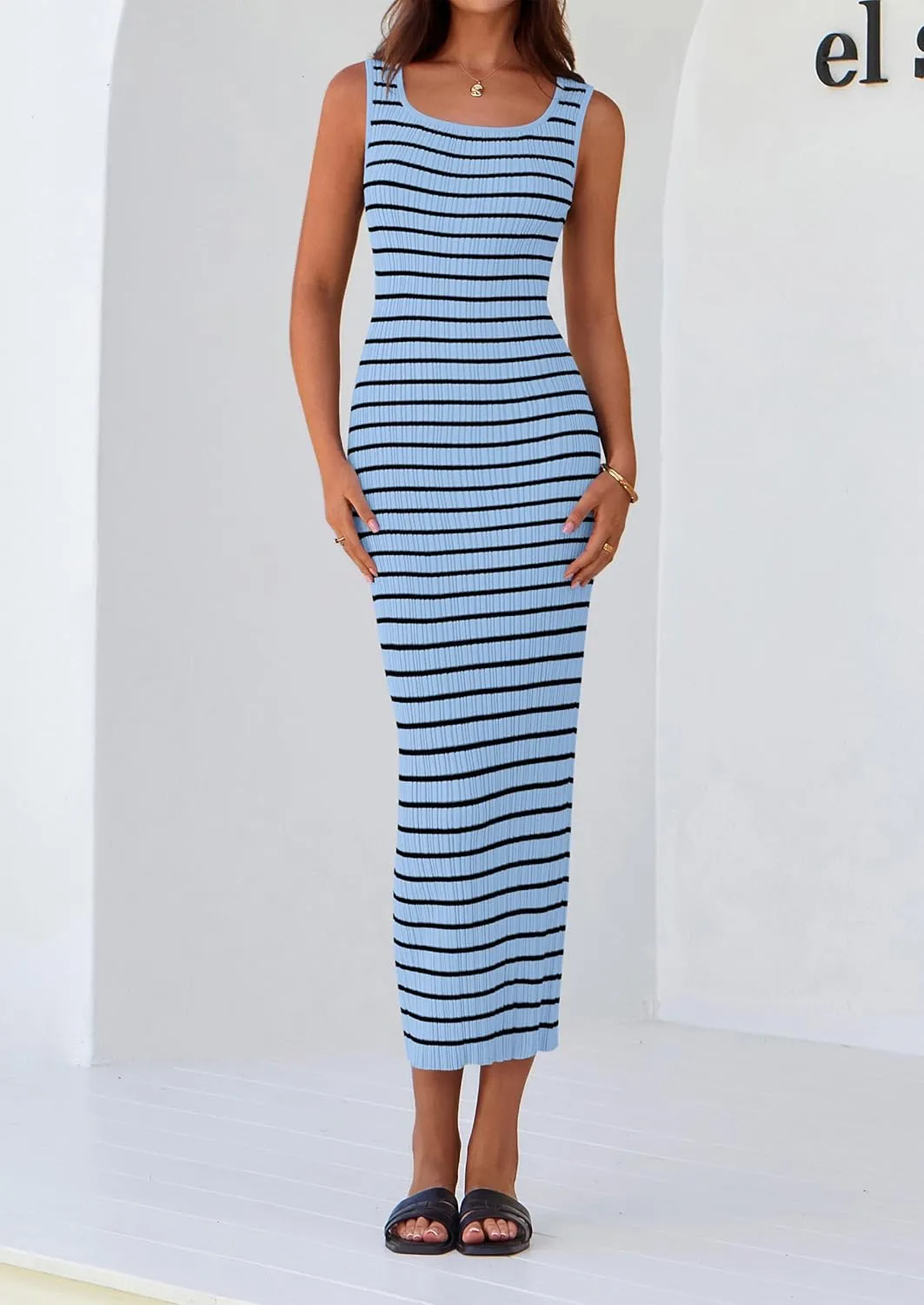 PRETTYGARDEN Beach Vacation Clothes for Women Summer 2025 Sleeveless Striped Ribbed Knit Bodycon Sundress Tank Dress