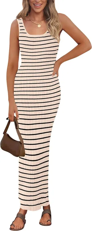 PRETTYGARDEN Beach Vacation Clothes for Women Summer 2025 Sleeveless Striped Ribbed Knit Bodycon Sundress Tank Dress